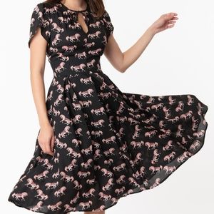 EUC Unique Vintage 1950s Black Carousel Pony Print Dahlia Midi Dress (M)